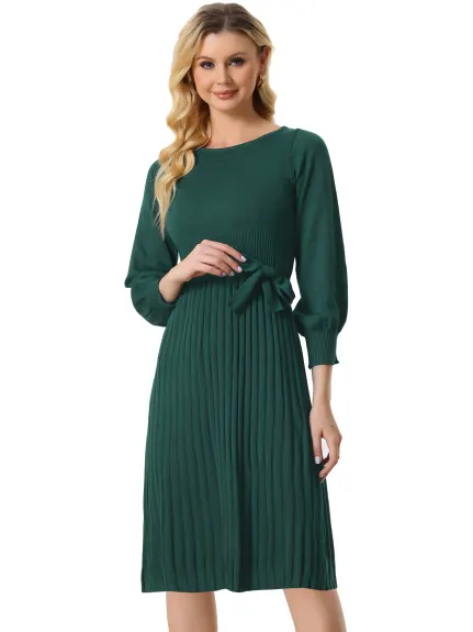 Allegra K- Knit Belted Crew Neck Lantern Sleeves Sweater Dress