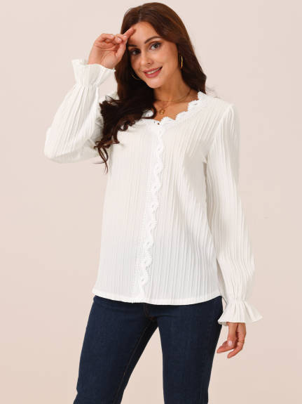 Allegra K - Lace V Neck Lantern Sleeve Casual Top