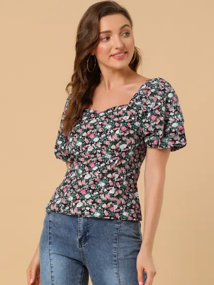 Allegra K- Puff Sleeve Sweetheart Neck Smocked Floral Top