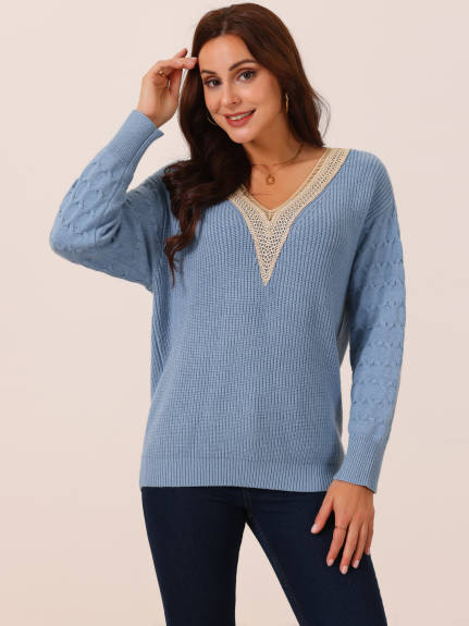 Allegra K - Lace V Neck Drop Shoulder Sweater