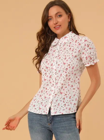 Allegra K - Frilled Short Sleeve Floral Cotton Shirt