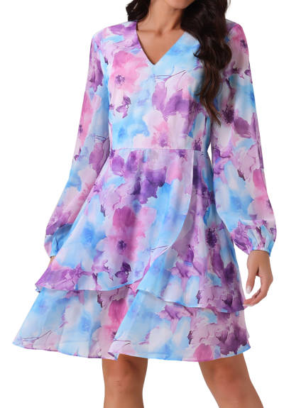 Allegra K - V-Neck Long Sleeve Floral Dress