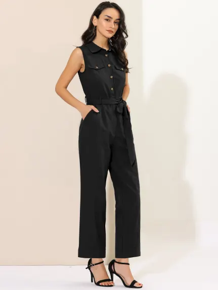 Allegra K- Sleeveless Collared Tie Waist Coverall Button Down Jumpsuit