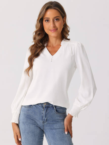 Allegra K  - Ruffle V Neck Puff Long Sleeve Blouse