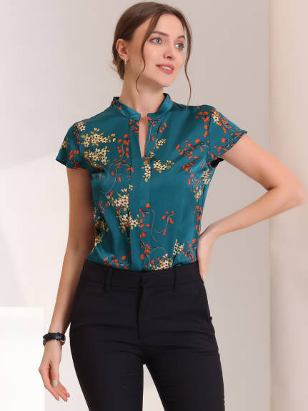 Allegra K- Satin Floral Cap Sleeve Blouse