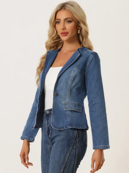 Allegra K- Stretchy Lapel Collar Jean Jackets