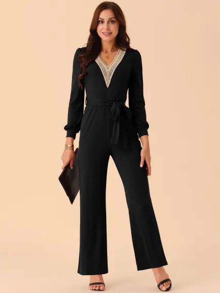 Allegra K - Long Sleeve V Neck Belted Jumpsuit