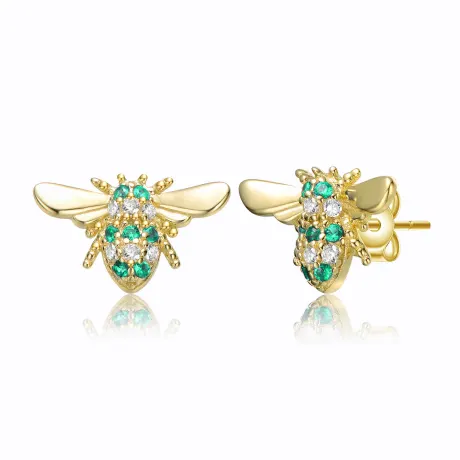 Genevive Sterling Silver 14k Yellow Gold Plated with Emerald or Yellow Cubic Zirconia Pave Wasp Stud Earrings