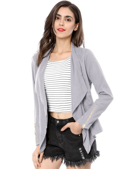 Allegra K- Zipper Cuffs Draped Front Faux Suede Jacket