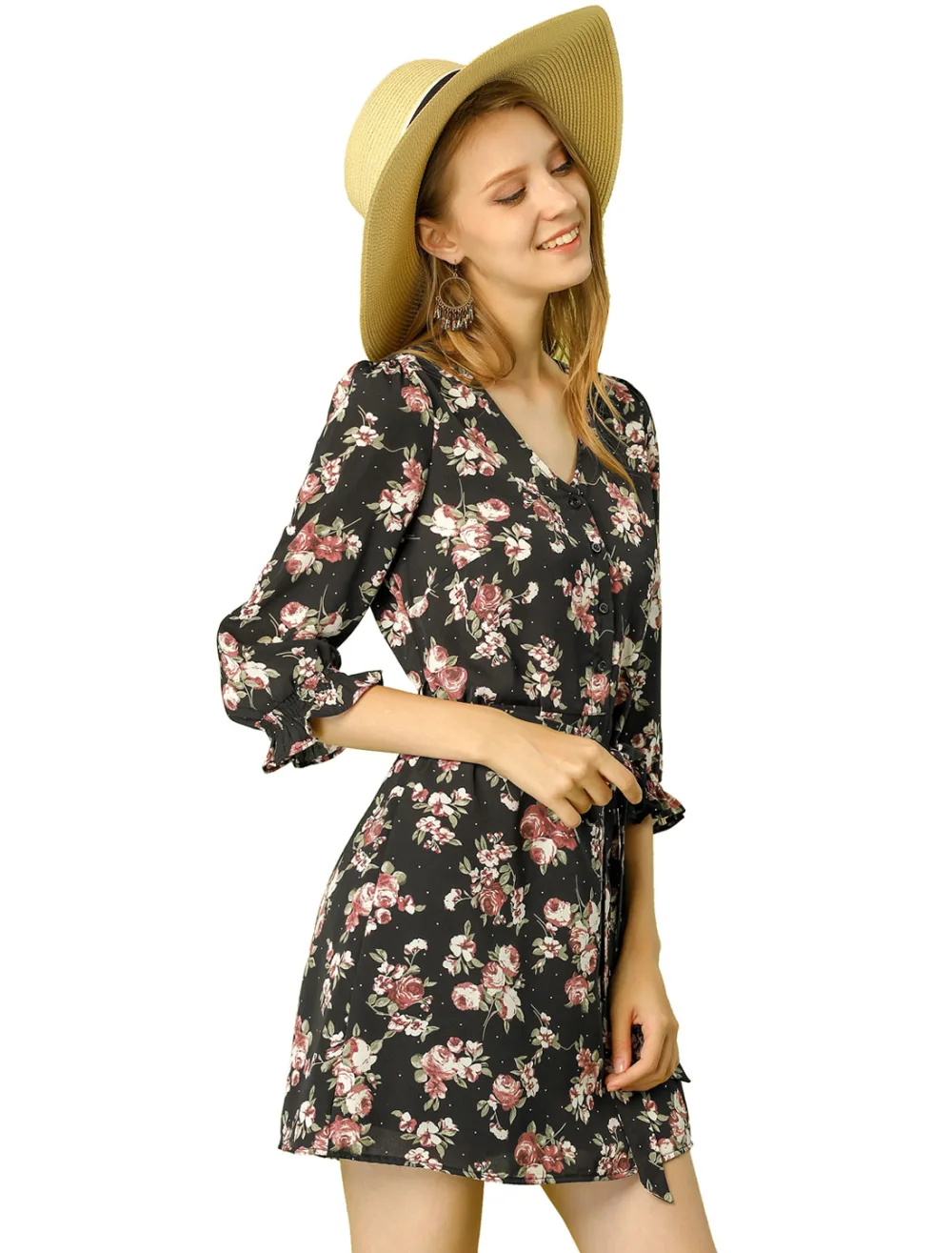 Allegra K- Floral Half Placket Belted 3/4 Sleeve Dress