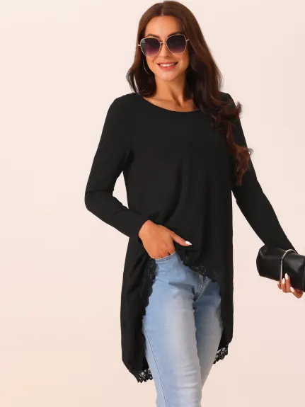 Allegra K - Long Sleeve High Low Lace Trim Blouse