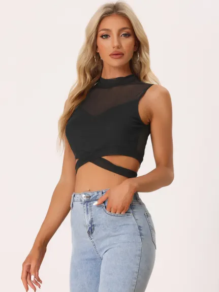 Allegra K- Mesh Sheer Sleeveless Waist Cross Crop Cami Top