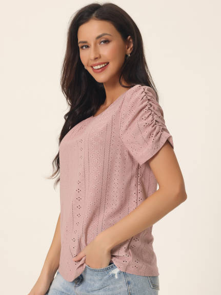 Allegra K- Eyelet Ruched Crewneck Solid Tops