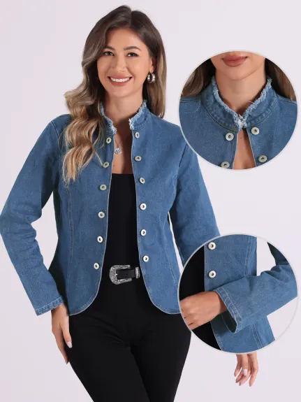 Allegra K - Distressed Stand Collar Denim Jacket