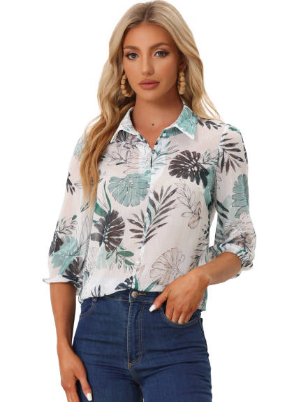 Allegra K- Collared 3/4 Sleeves Leaves Print Top