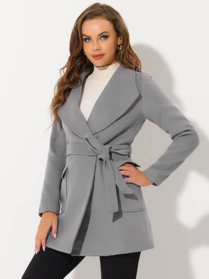 Allegra K- Shawl Collar Lapel Belted Long Trenchcoat