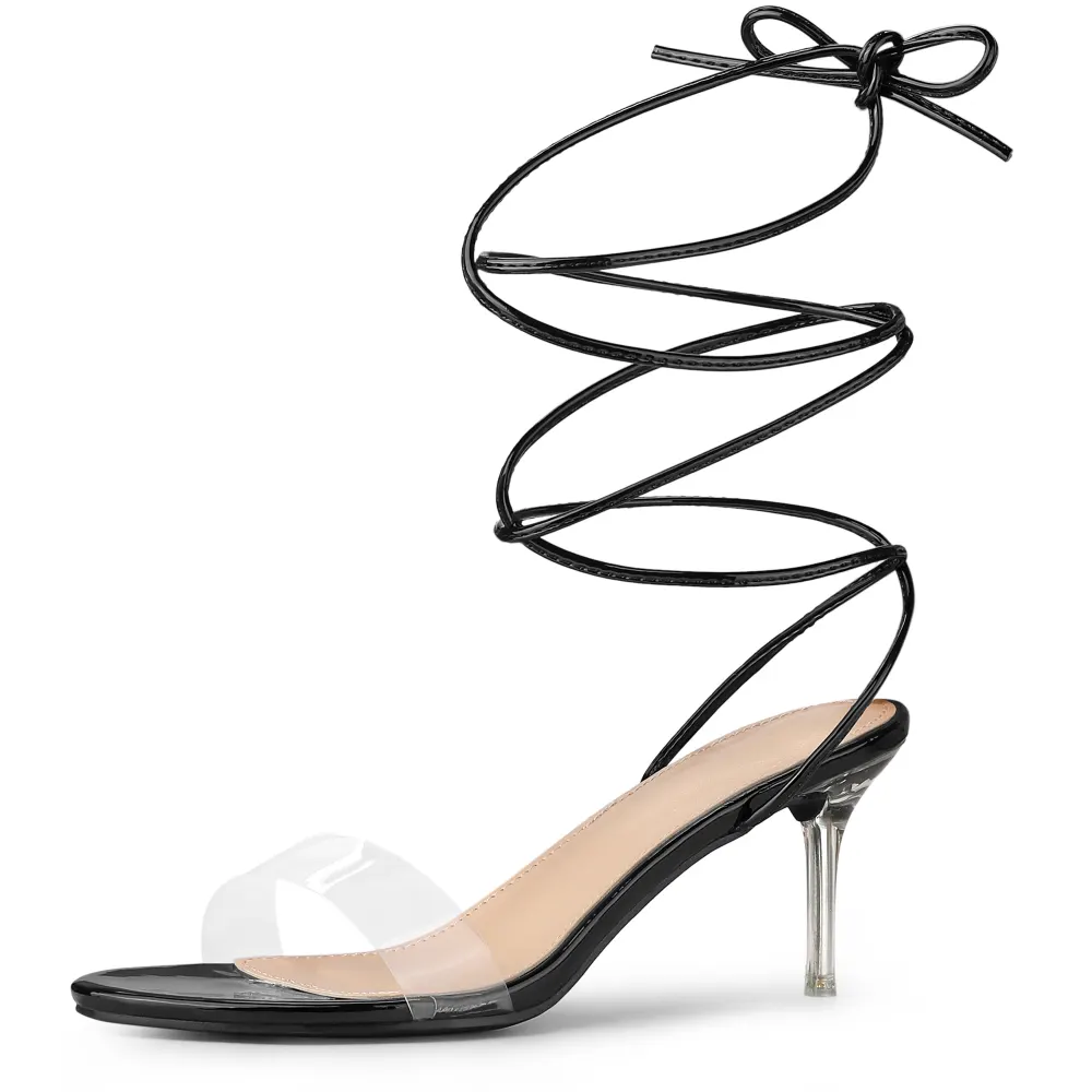 Allegra K - Clear Strap Lace Up Heeled Sandals