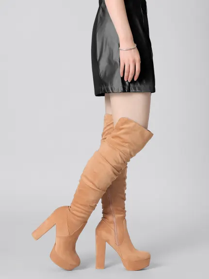 Allegra K - Platform Round Toe Slouch Thigh High Boots