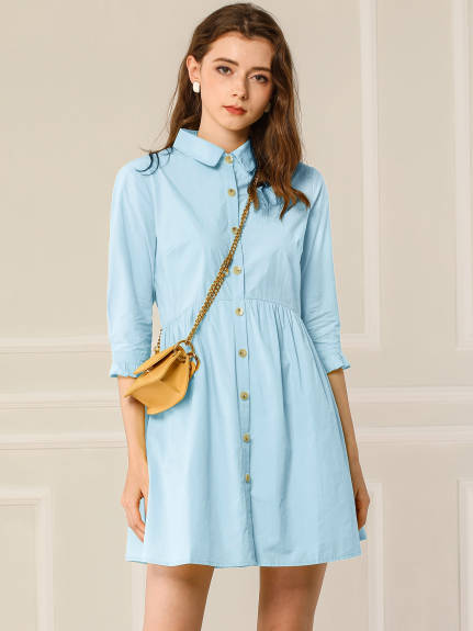 Allegra K- 3/4 Sleeve Button Up Flare Shirt Dress