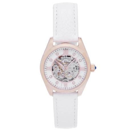 Empress - Magnolia Automatic MOP Skeleton Dial Leather-Band Watch - White/Rose Gold