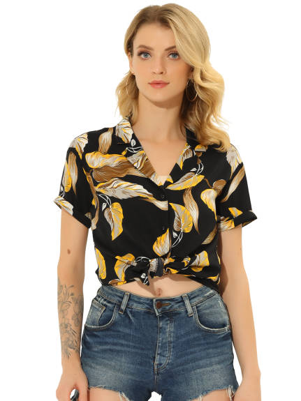 Allegra K- Beach Tropical Floral Leaves Button Down Shirts