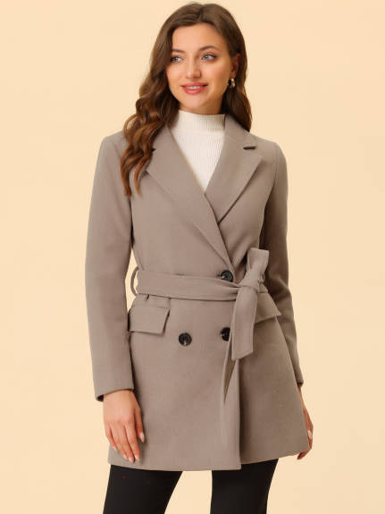 Allegra K- Double Breasted Belted Pocket Trench Coat