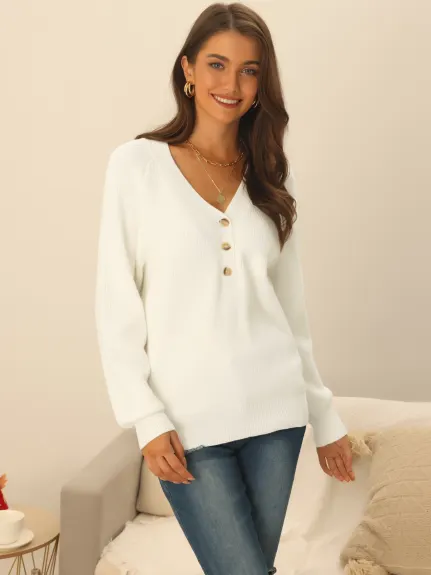 Allegra K- V Neck Button Down Ribbed Knit Pullover Top