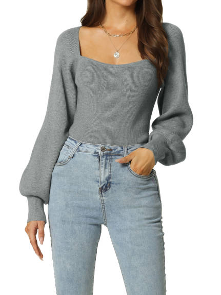 Allegra K- Bishop Sleeve Square Neck Ribbed Knit Crop Sweater Top