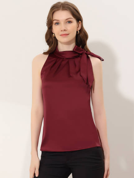 Allegra K - Satin Sleeveless Tie Neck Work Blouse