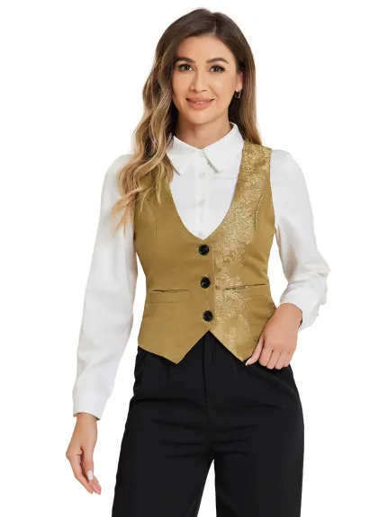 Allegra K- Vintage Waistcoat Button Up Jacquard Suit Vest