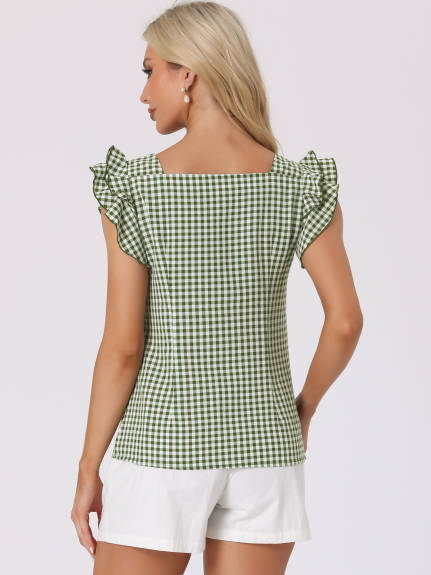 Allegra K - Summer Ruffle Sleeve Gingham Top