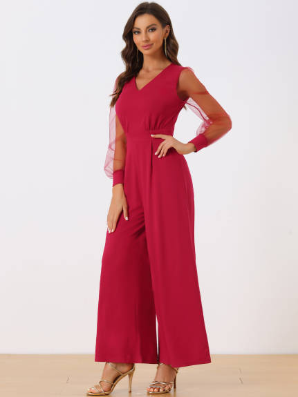 Allegra K - Mesh Long Sleeve V Neck Wide Leg Jumpsuit