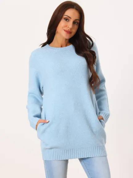 Allegra K- Round Neck Pullover Sweater with Pockets