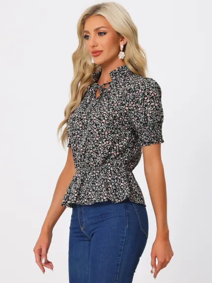 Allegra K - Ruffled Neck Summer Floral Peplum Top