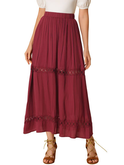 Allegra K - Lace Insert Swing Solid Maxi Skirt