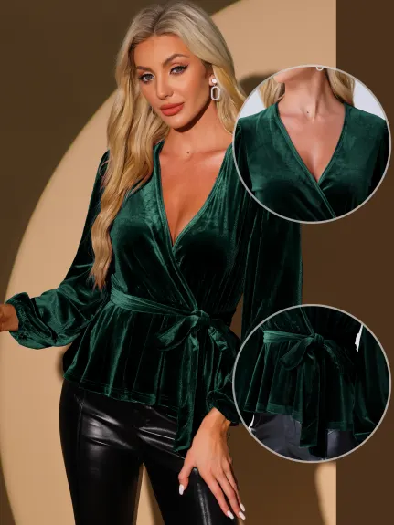 Allegra K - Velvet Wrap Tie Waist Peplum Blouse