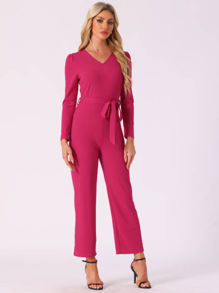 Allegra K - V Neck Long Sleeve Tie Waist Jumpsuit