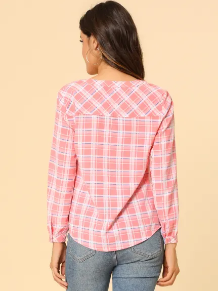 Allegra K- Plaid V Neck Long Sleeve Blouse Shirt