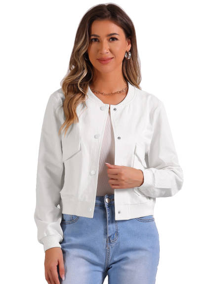 Allegra K - Stand Collar Cropped Bomber Jacket