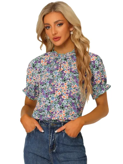 Allegra K- Floral Short Sleeve Ruffle Neck Blouse