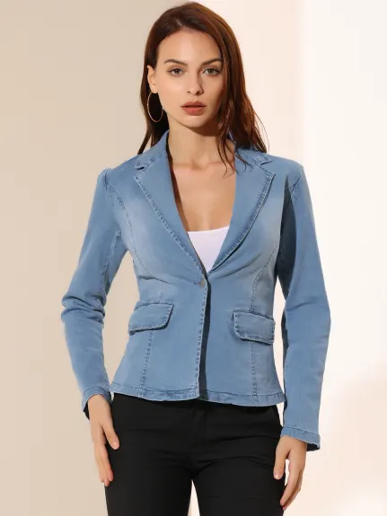 Allegra K- Notched Lapel One Button Washed Denim Blazer