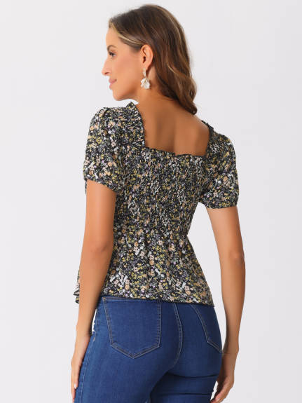 Allegra K- Floral Shirred Ruffle Peplum Top