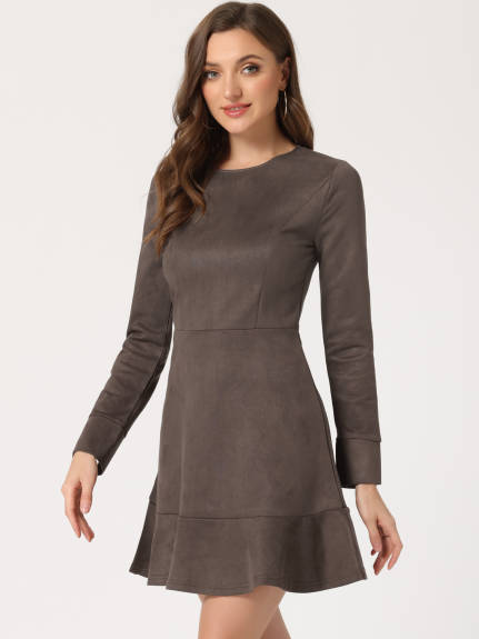 Allegra K- Faux Suede Round Neck Long Sleeve Ruffle Dress