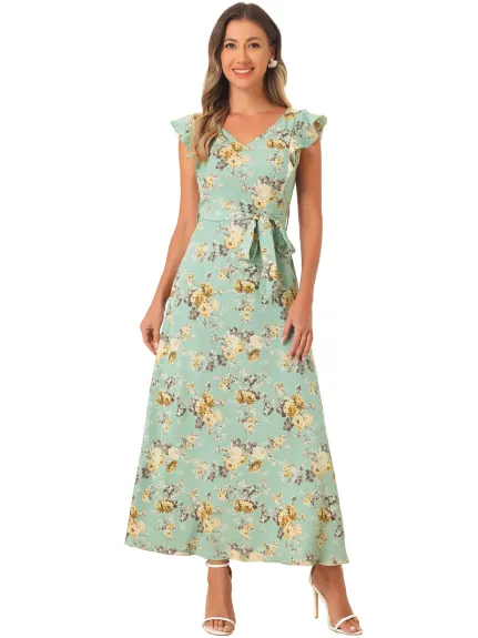 Allegra K - Summer Belted Floral Maxi Dress