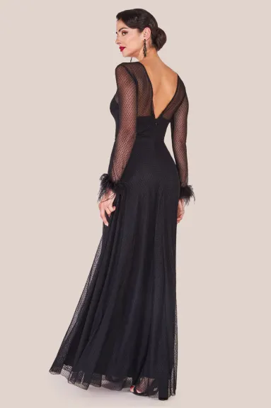 Goddiva - Dobby Mesh Feather Sleeve Hem Maxi Dress