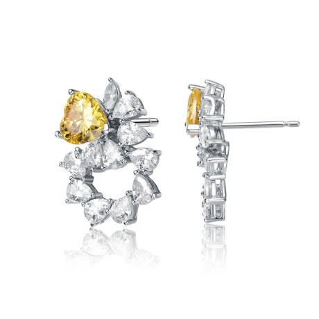 Genevive Sterling Silver White Gold Plated with Yellow Cubic Zirconia Floral Stud Butterfly Earrings