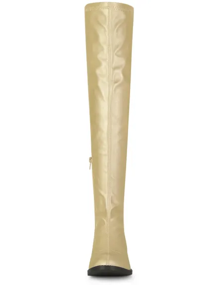 Allegra K- Low Block Heel Solid Thigh High Boots