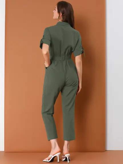 Allegra K- Turndown Collar Button up Tie Waist Cargo Jumpsuit