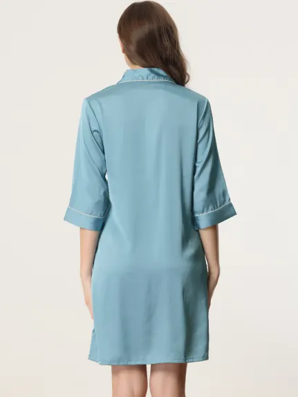 cheibear - 3/4 Sleeve Satin Dress Button Down Nightgown