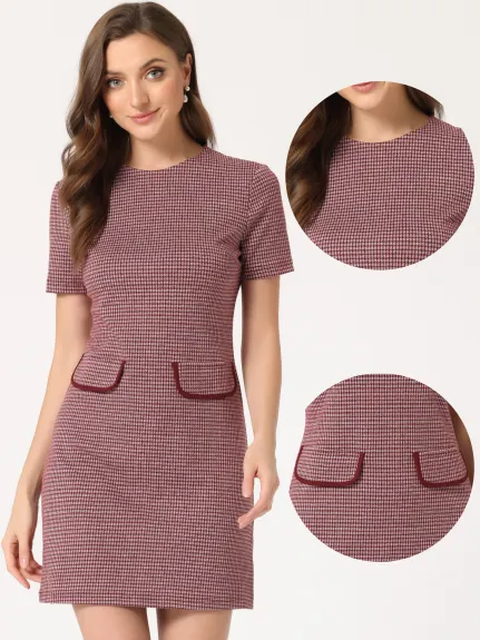 Allegra K- Short Sleeve Vintage Houndstooth Pencil Sheath Dress